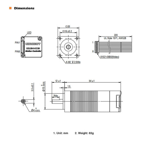 Technical diagram of NEMA 8 Integrated Closed Loop Stepper Motor, Pulse-Direction Control Interface for CNC, 3D Printer, UIM2040PM, dimensions.