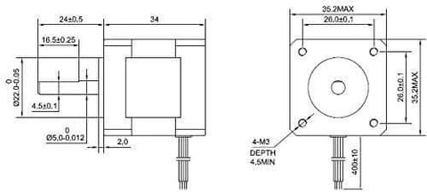 Technical diagram of Nema 14 Bipolar Stepper Motor 0.8A 25.5oz.in/18Ncm 3D Printer CNC Machine showing dimensions and mounting holes.