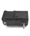 Right Angle Gearbox for Nema 17 Stepper Motor 90 Degree Spiral Bevel Gear, compact 1:1 design, black housing, side view.