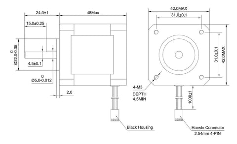 Technical diagram of Nema 17 Stepper Motor Bipolar 2A 59Ncm with 48mm body, 4-lead, 1m cable, and connector.