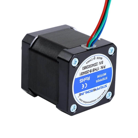 Nema 17 Stepper Motor Bipolar 2A 59Ncm(84oz.in) 48mm Body 4-Lead with 1m Cable and Connector, angled view.