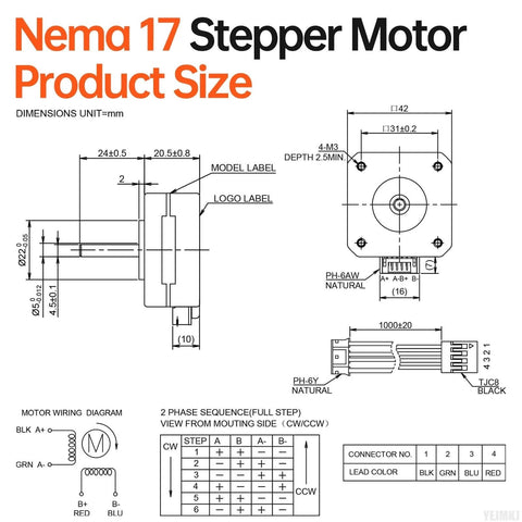 Technical drawing of Nema 17 Stepper Motor 1.8° 2 Phase High Torque 0.13Nm(18.41oz·in) Bipolar 42x21mm for 3D Printer DIY Robot CNC Machine.