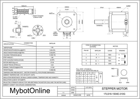 Technical diagram of 310mm Tr8x8 Lead Screw Nema 17 Integrated Linear Actuator Stepper Motor with specifications and dimensions.