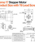 Technical drawing of 3 Pack Nema 17 Stepper Motor TR8x8 400mm with T8 Lead Screw showing dimensions and wiring diagram.