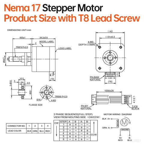 Technical drawing of 3 Pack Nema 17 Stepper Motor TR8x8 400mm with T8 Lead Screw showing dimensions and wiring diagram.