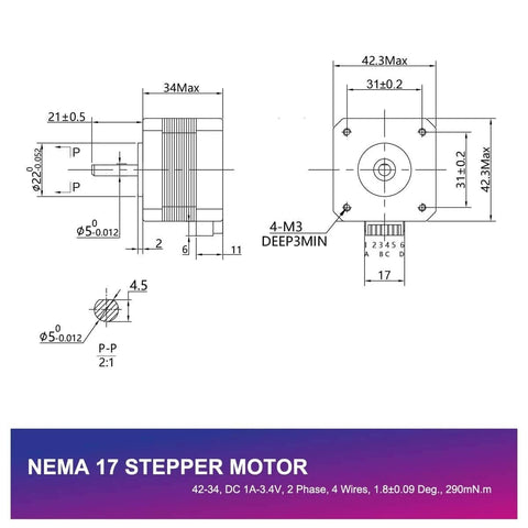 Technical drawing of NEMA 17 stepper motor with measurements, featuring 42 x 34mm Stepper Motor 34mm high 1.8° Torque 15Ncm specs.