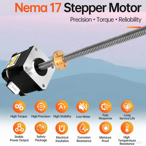 Image of a Nema 17 stepper motor with an attached TR8x8 400mm lead screw, showing its features like high torque and stability.