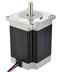 Stepper motor Nema 23, bipolar, 2.8A, 269 oz-in (1.9 Nm); front view with silver faceplate and black finned housing.