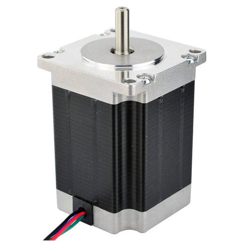Stepper motor Nema 23, bipolar, 2.8A, 269 oz-in (1.9 Nm); front view with silver faceplate and black finned housing.