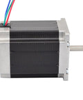 Side view of NEMA 23 bipolar stepper motor with silver housing, black body and four-wire cable