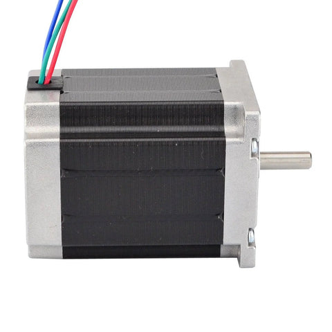 Side view of NEMA 23 bipolar stepper motor with silver housing, black body and four-wire cable