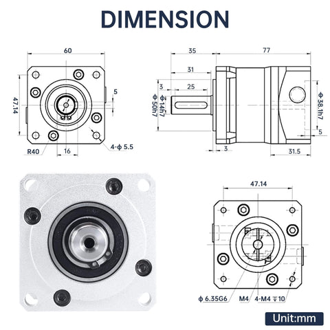 Diagram showing the dimensions of a Nema23 Stepper Motor Planetary Gearbox 3:1 Ratio with 60mm frame and 8mm shaft.