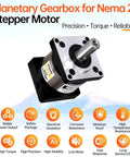 Ratio 10:1 Planetary Gearbox for Nema 23 Stepper Motor, highlighting precision, torque, reliability, with safety features.