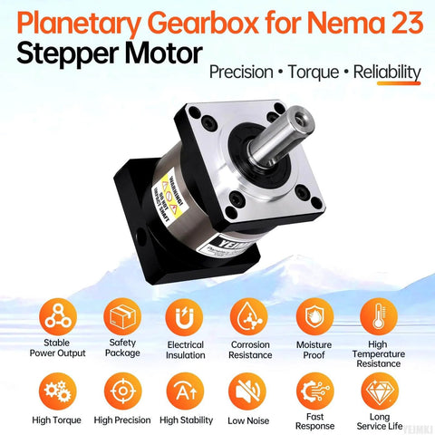 Ratio 10:1 Planetary Gearbox for Nema 23 Stepper Motor, highlighting precision, torque, reliability, with safety features.