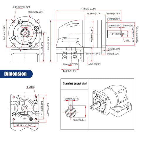 Technical drawing of Right Angle Planetary Gearbox For Nema23 Stepper Motor 7:1 Reducer 14mm Output with dimensions.