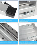 Close-up of 100mm stroke CNC linear stage motion actuator showing NEMA23 motor, SFU1605 ballscrew, aluminum profile, and M5 nuts.