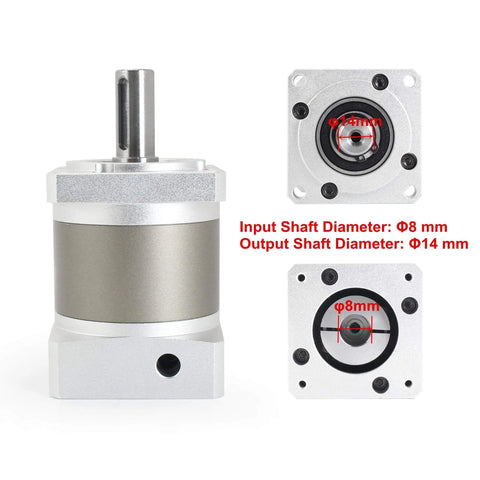 Front and side views of the Nema23 Stepper Motor Planetary Gearbox 3:1 Ratio, 60mm Frame, 8mm Shaft, 7 Arc-Min Backlash, IP65, 3000RPM Gear Speed Reducer for CNC, Robotics, AGVs, Packaging, Industrial Automation, showing input and output shaft diameters.