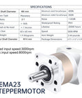 Nema23 Stepper Motor Planetary Gearbox 3:1 Ratio, 60mm Frame, 8mm Shaft, 7 Arc-Min Backlash, IP65, 3000RPM shown in specifications chart