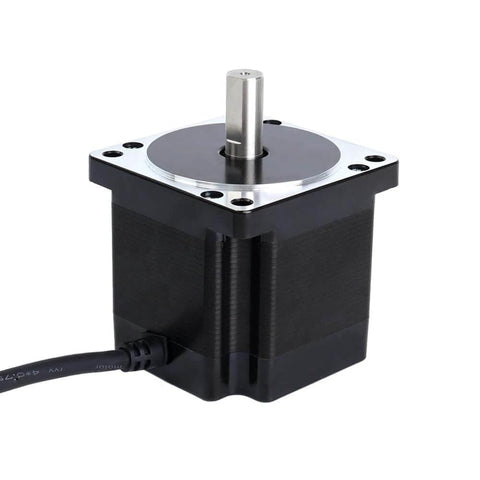 Front view of Nema 34 Stepper Motor 1.8deg 4.8Nm(679.74oz.in) 6.0A 86x86x78mm 4 Wires CNC, black frame, silver shaft visible