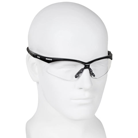 Nemesis Safety Glasses With Black Frame Clear Lenses Anti Fog 12 Pack on mannequin head