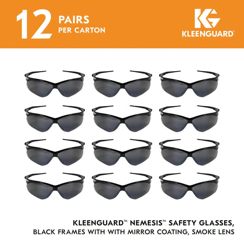 V30 Nemesis Safety Glasses With Mirror Coating Smoke Lenses Black Frame Unisex, 12 pairs displayed, lightweight design
