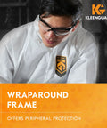 Person wearing V30 Nemesis Safety Glasses Clear Lenses Black Frame Unisex Eyewear, protective clothing with KleenGuard branding.