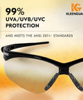 V30 Nemesis Safety Glasses Clear Lenses Black Frame Unisex Eyewear 12 Pairs Case, close-up view, 99% UV protection.