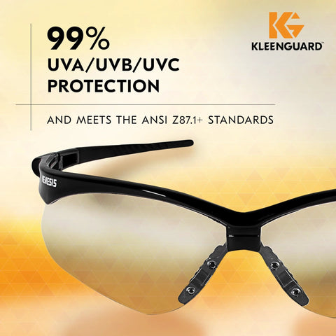 V30 Nemesis Safety Glasses Clear Lenses Black Frame Unisex Eyewear 12 Pairs Case, close-up view, 99% UV protection.