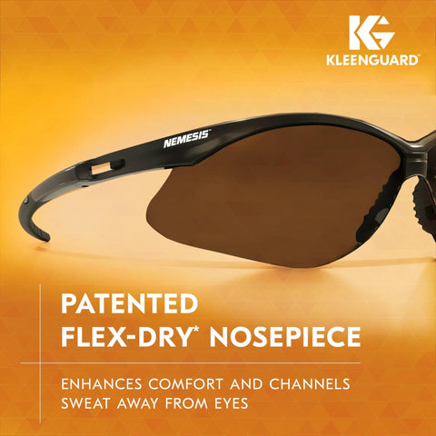 Close-up of V30 Nemesis Safety Glasses with mirror coating smoke lenses, featuring black frame and patented Flex-Dry nosepiece.