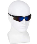 Nemesis V30 Safety Glasses Black Frame With Blue Mirror Lenses Set Of 6 on mannequin head