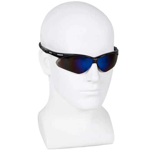Nemesis V30 Safety Glasses Black Frame With Blue Mirror Lenses Set Of 6 on mannequin head
