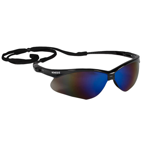 Nemesis V30 Safety Glasses Black Frame With Blue Mirror Lenses and neck cord