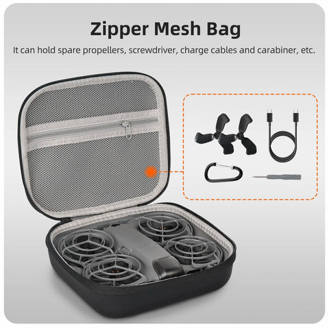 DJI Neo 2 Drone Storage Bag And Protective Travel Case with zipper mesh bag showing drone and accessory storage.