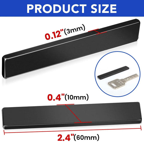 Product size dimensions of 5 Pack Neodymium Bar Magnets 60x10x3 Mm with Adhesive Backing, shown next to a key for scale.