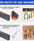 5 Pack Neodymium Bar Magnets 60x10x3 Mm With Adhesive Backing used for organizing tools on metal and wood surfaces.