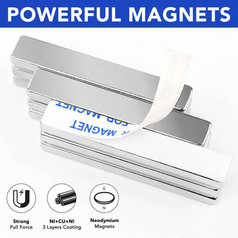 Six Pack Neodymium Bar Magnets With Adhesive Backing 60x10x3mm 18 Lb Pull for crafts and fridge organization, showcasing coating.