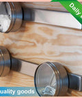 Magnetic containers on wooden board using Six Pack Neodymium Bar Magnets With Adhesive Backing 60x10x3mm 18 Lb Pull for organization.
