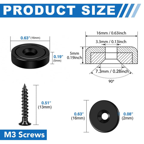 Neodymium Cabinet Magnets 20 Lb Holding Power 12 Pack With Holes And Iron Sheet Screws size guide illustration
