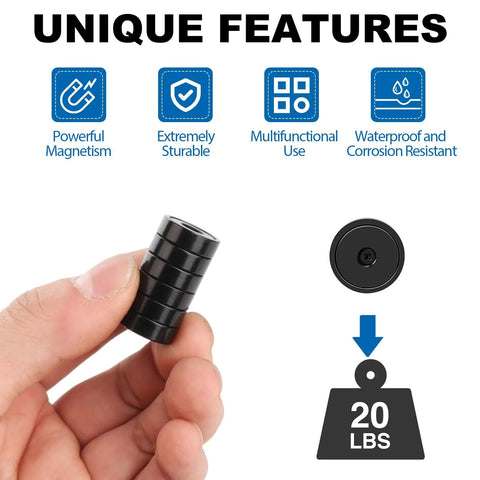 Close-up front view of black stackable neodymium cabinet magnets held between fingers; 20 lb pull strength