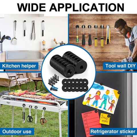 Wide application of Neodymium Cabinet Magnets 20 Lb Holding Power 12 Pack with Holes, used in kitchen, tool wall, refrigerator, outdoor.