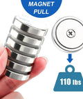 Beefy Six Pack Neodymium Cup Magnets Set With 110 Pound Holding Power held in hand, showing shiny metal finish and countersunk holes.