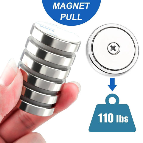 Beefy Six Pack Neodymium Cup Magnets Set With 110 Pound Holding Power held in hand, showing shiny metal finish and countersunk holes.