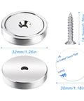 Beefy Six Pack Neodymium Cup Magnets Set With 110 Pound Holding Power, shown with sizes and stainless screw for mounting.