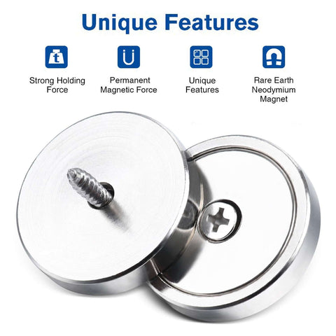 Beefy Six Pack Neodymium Cup Magnets Set With 110 Pound Holding Power, Rare Earth Magnets, shown with countersunk holes and screws