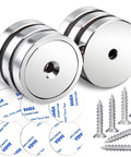 Beefy Six Pack Neodymium Cup Magnets Set With 110 Pound Holding Power, countersunk holes, adhesive tapes, stainless screws