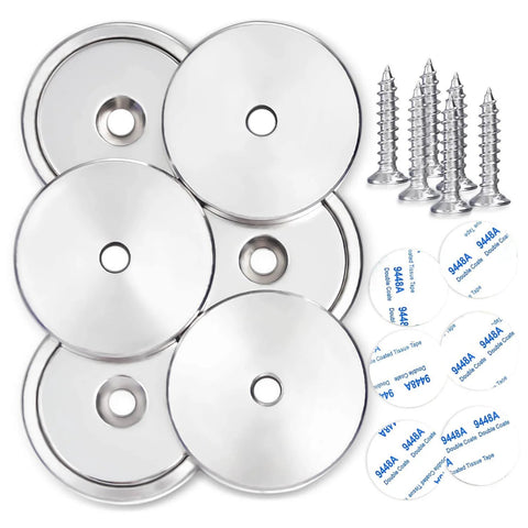 Beefy Six Pack Neodymium Cup Magnets Set With 110 Pound Holding Power, rare earth magnets with screws and adhesive shown