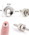 60 Pcs Neodymium Disc Magnets With Mounting Hole 3 Mm shown with dimensions, screws, and finger for scale; rust-resistant finish visible