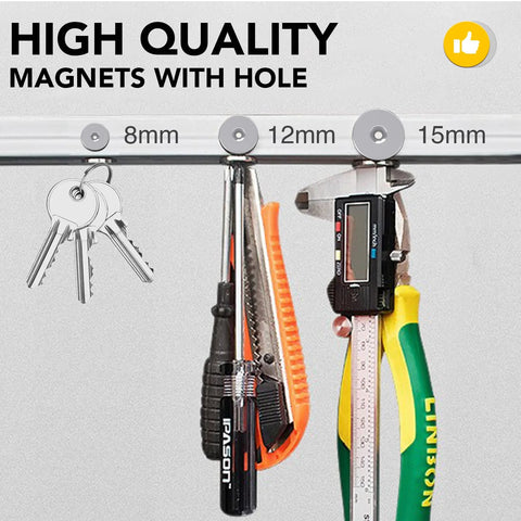 Strong Neodymium Disc Magnets With Hole For Cabinets And Crafts, holding tools and keys, 0.32, 0.47, 0.59 inch diameters, 45 piece set