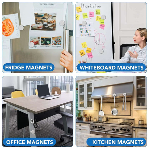 Neodymium Disc Magnets 32mm Diameter 3mm Thick With Double Sided Adhesive used on fridge, whiteboard, office desk, and kitchen.