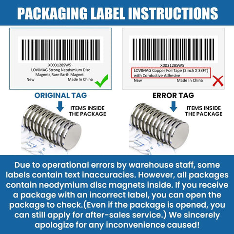 Packaging label instructions for Neodymium Disc Magnets 32mm Diameter 3mm Thick With Double Sided Adhesive Pack Of 12